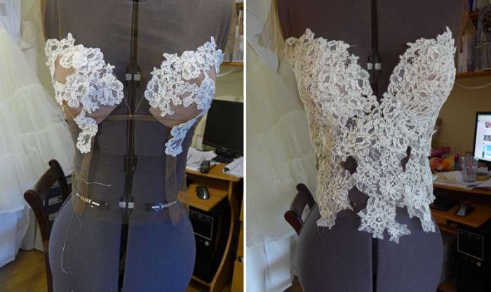 creating the illusion and lace bodice hand sewing on the stand