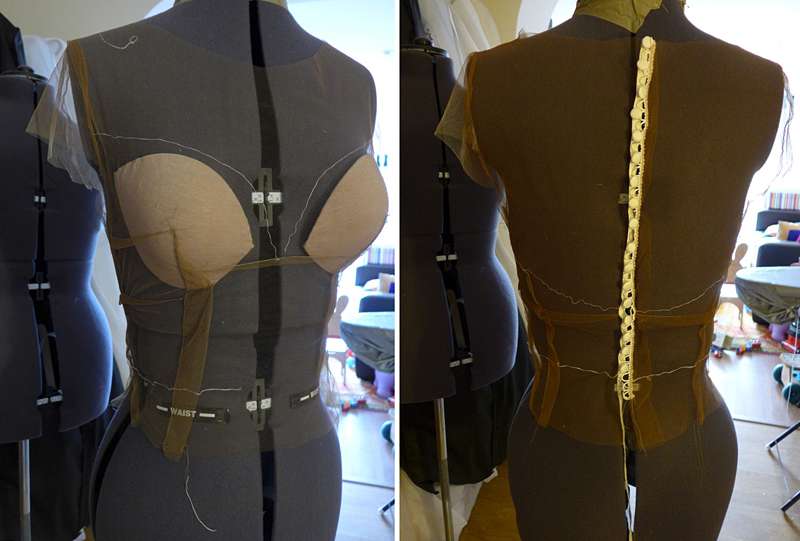 illusion bodice skin tulle buttons and bust cups on the stand