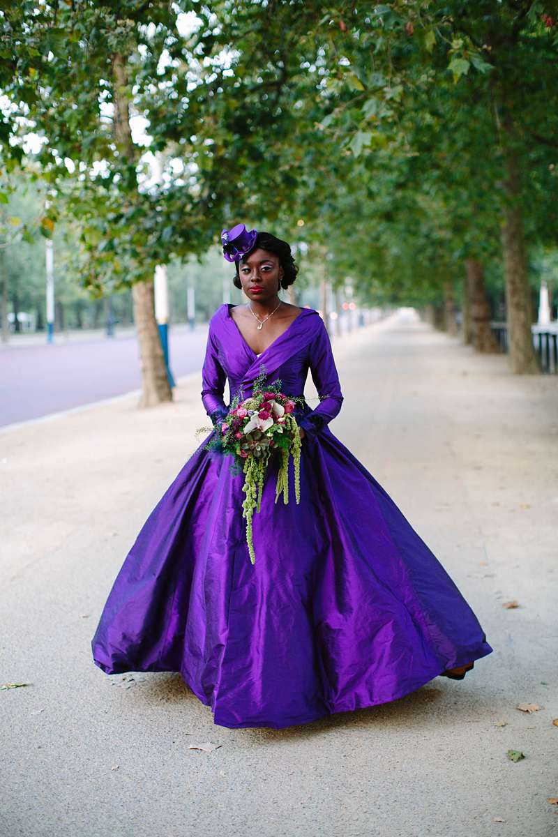 vneck wedding dress full skirt cadbury purple silk