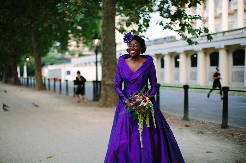 London bride wedding purple silk coat