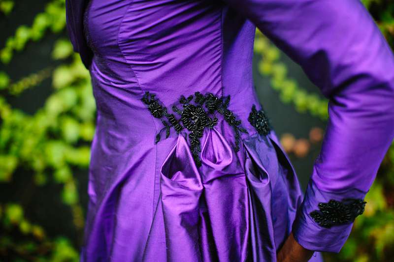 petal waist detail black lace applique purple silk