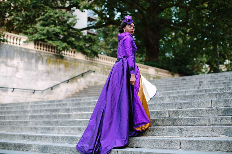 statement wedding coat bespoke purple and gold silk