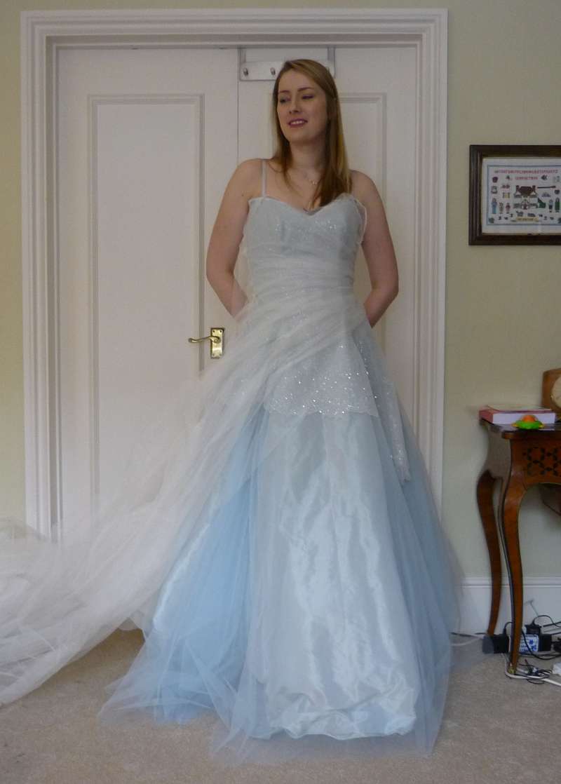 blue taffeta wedding dress fitting picture