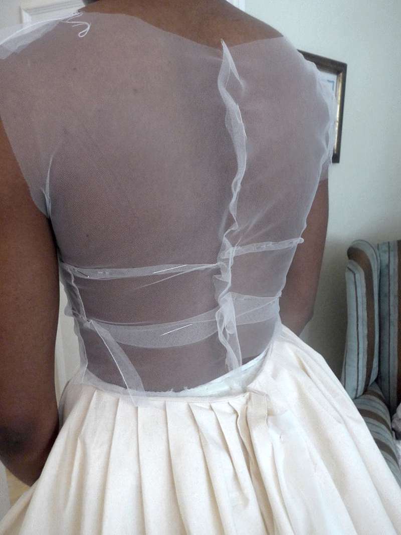 making Vanessa's dress, toile (practice run) fitting, back