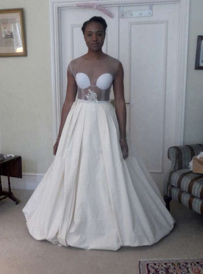 making Vanessa's dress, toile (practice run) fitting, front