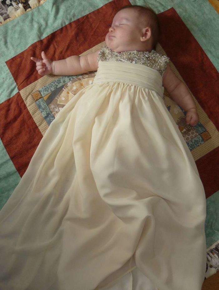 Baby christening gown from mothers wedding dress in brown and cream