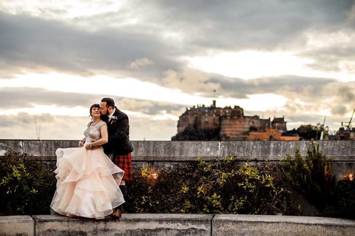 scottish skyline traditional wedding dress church