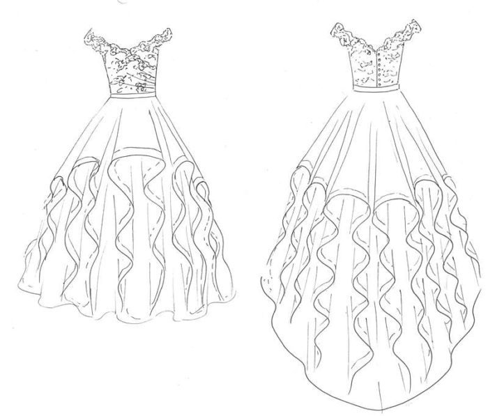 design sketch by Felicity Westmacott waterfall wedding dress