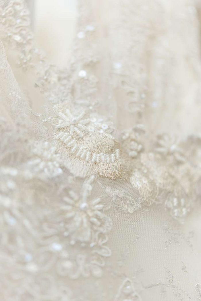 mixed metallic beaded lace trim detail on waistline