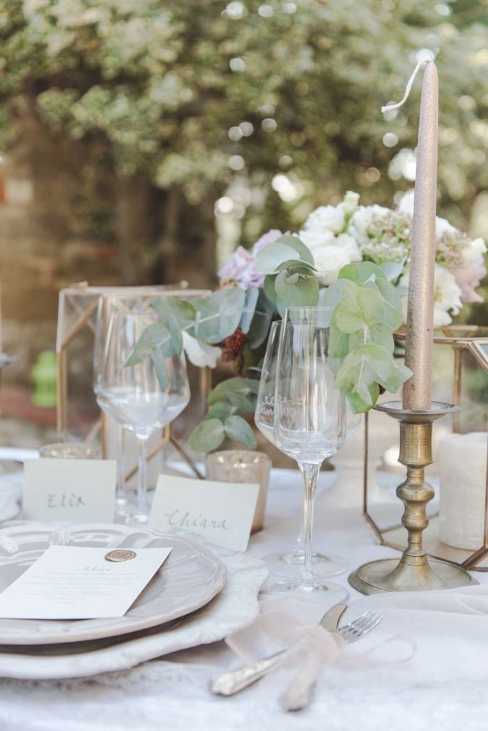 wedding candle place setting soft gold