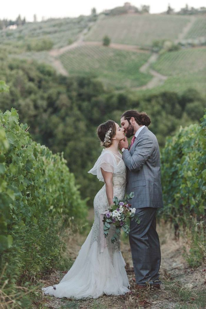 silk chiffon waterfall wedding dress in a tuscan vineyard