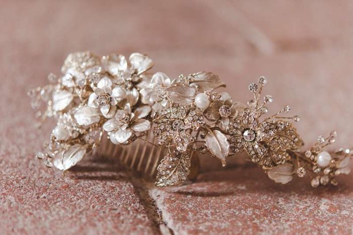 metallic ethereal tiara on comb with flowers