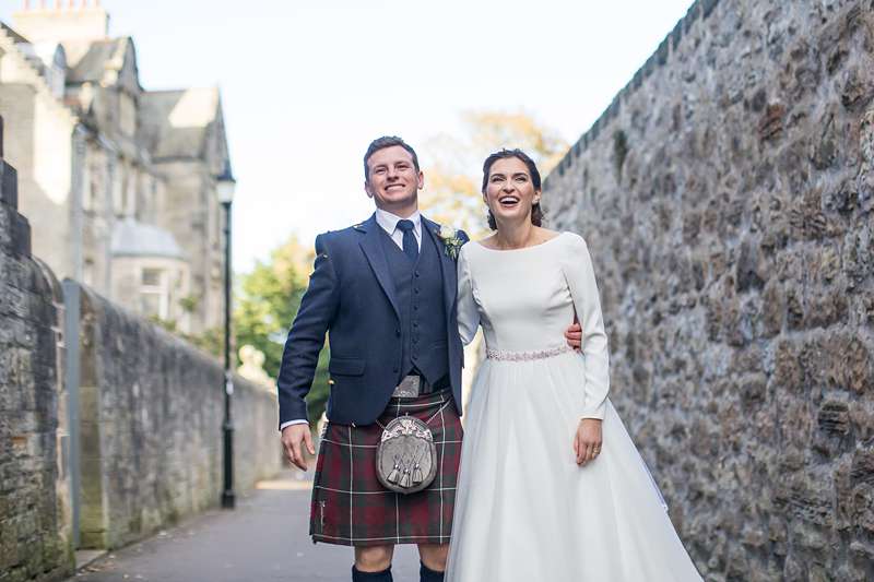 scottish bride bespoke wedding dress and groom in kilt