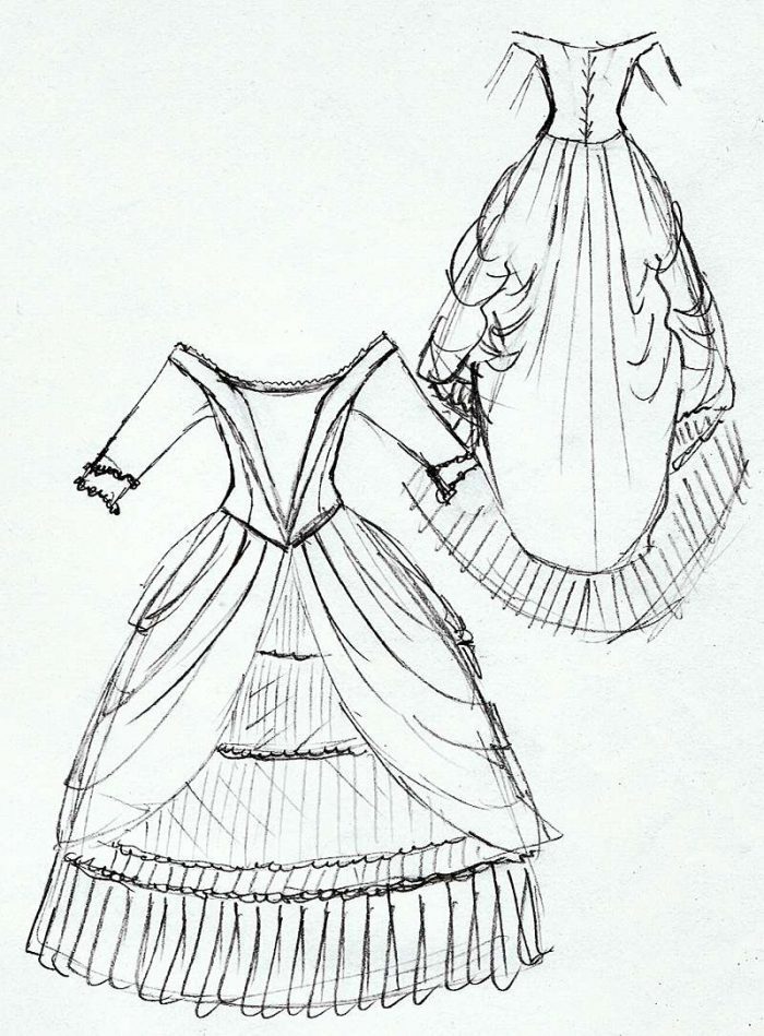 design sketch of period wedding gown with pleated frill