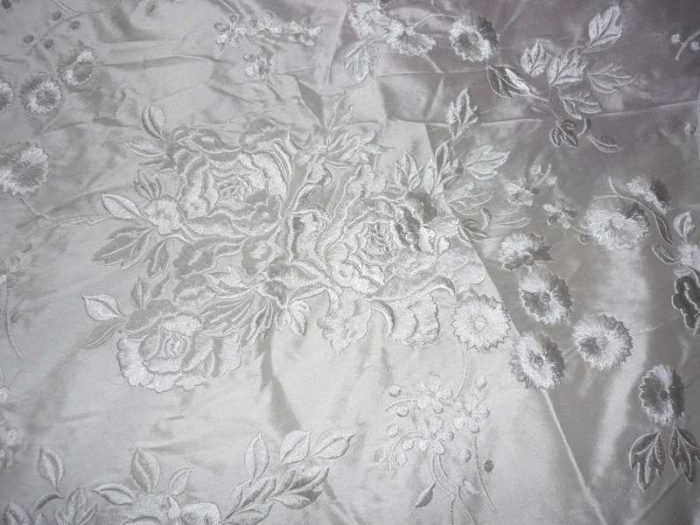 embroidered silk dupion for custom wedding dress with roses and chrysanthemum