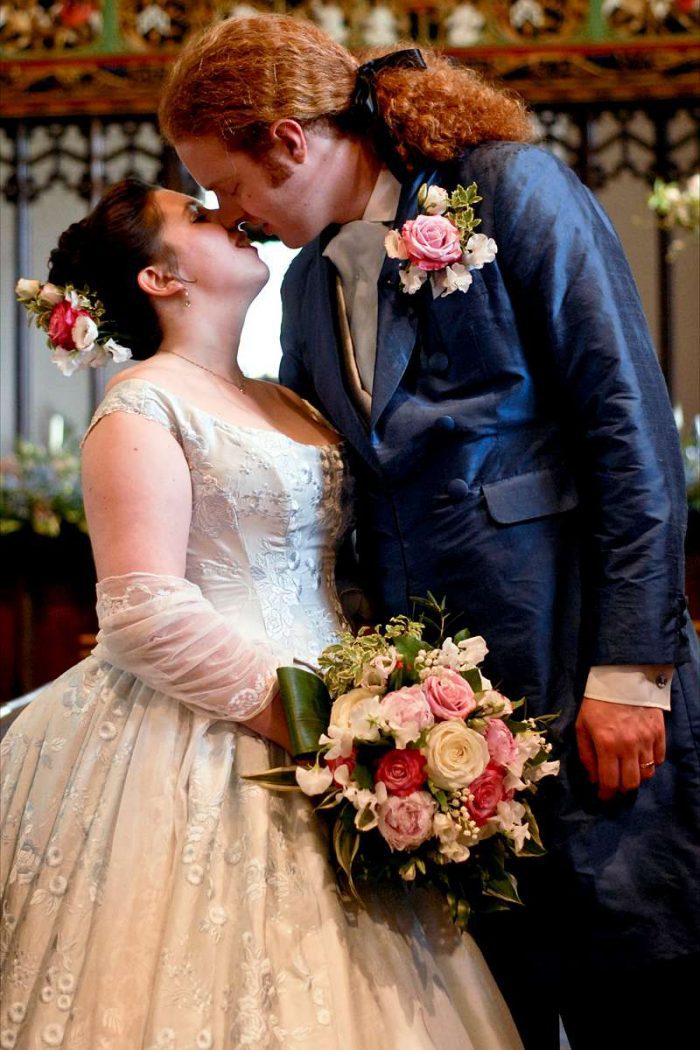pale blue victorian wedding dress bride and groom