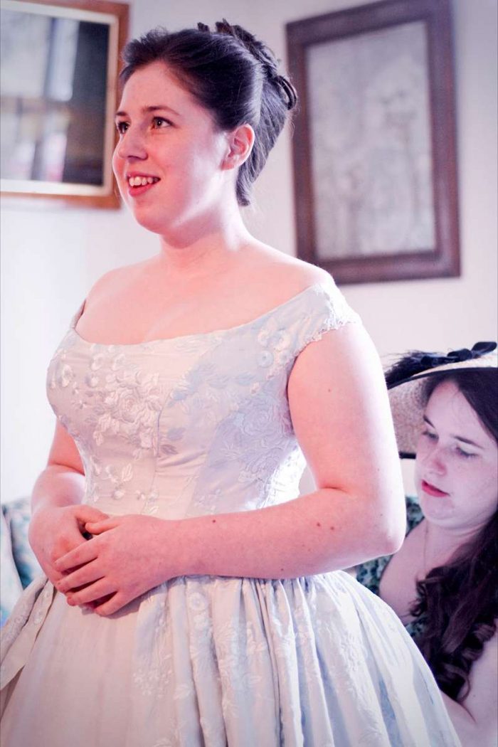 off the shoulder pale blue victorian wedding dress