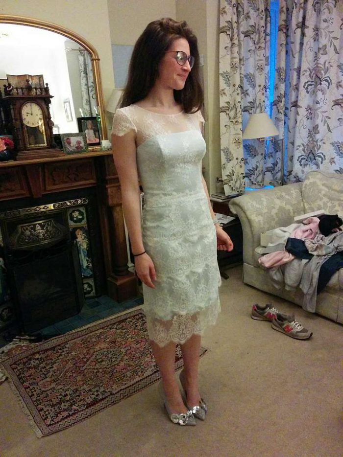 fitting picture: couture cocktail wedding dress fitting short lace dress