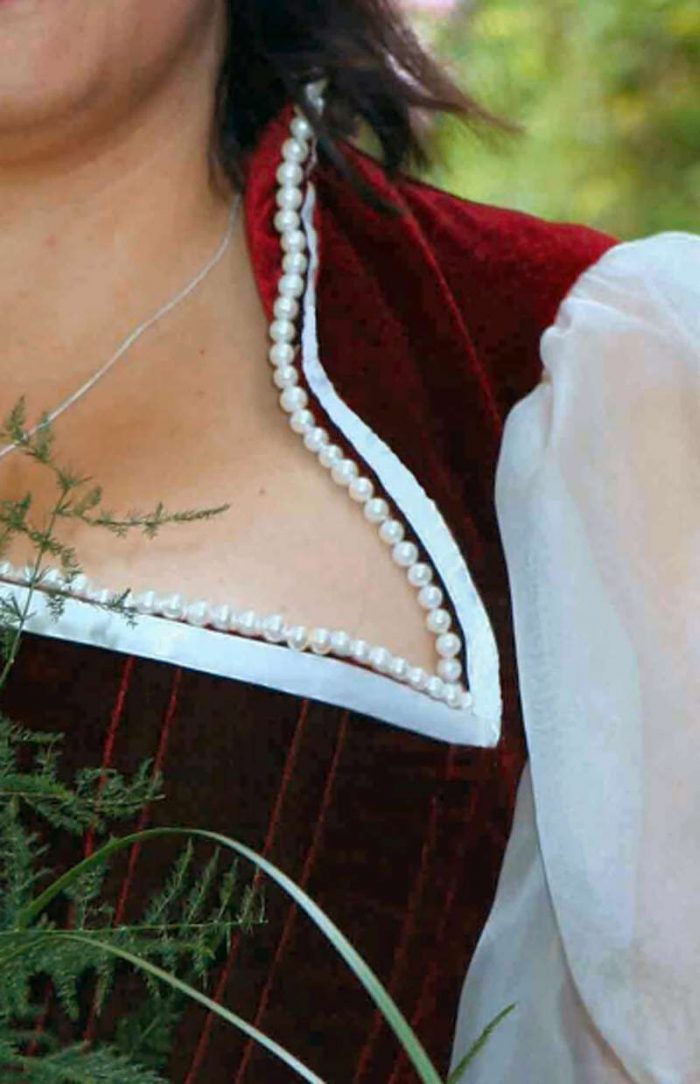 tudor bodice neckline detail with freshwater pearls