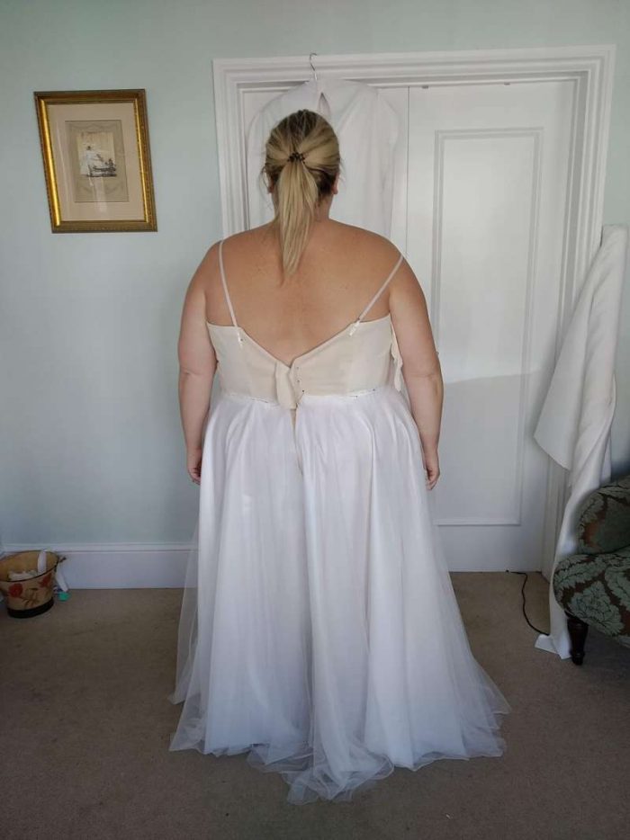 fitting picture: practice run of bespoke wedding dress back