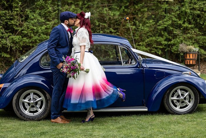 Vintage 1950's wedding car with dipdye wedding dress