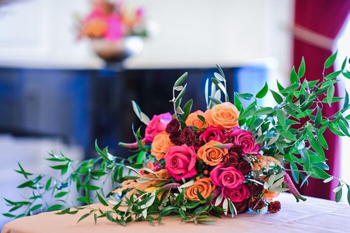 Hot colour wedding bouquet pink and orange