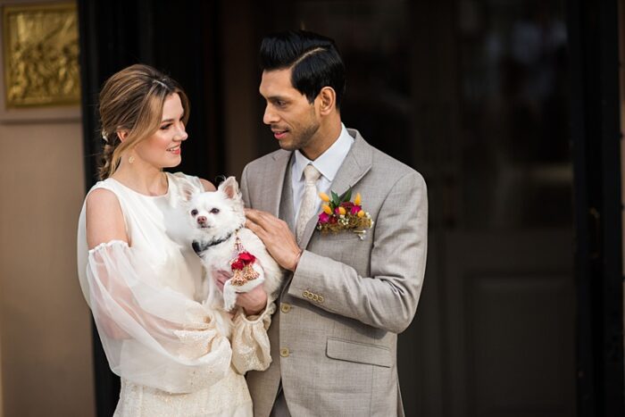 Fusion wedding bride and groom with dog