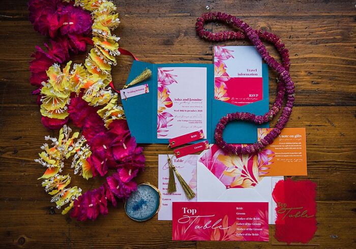 wedding stationery in pink and orange