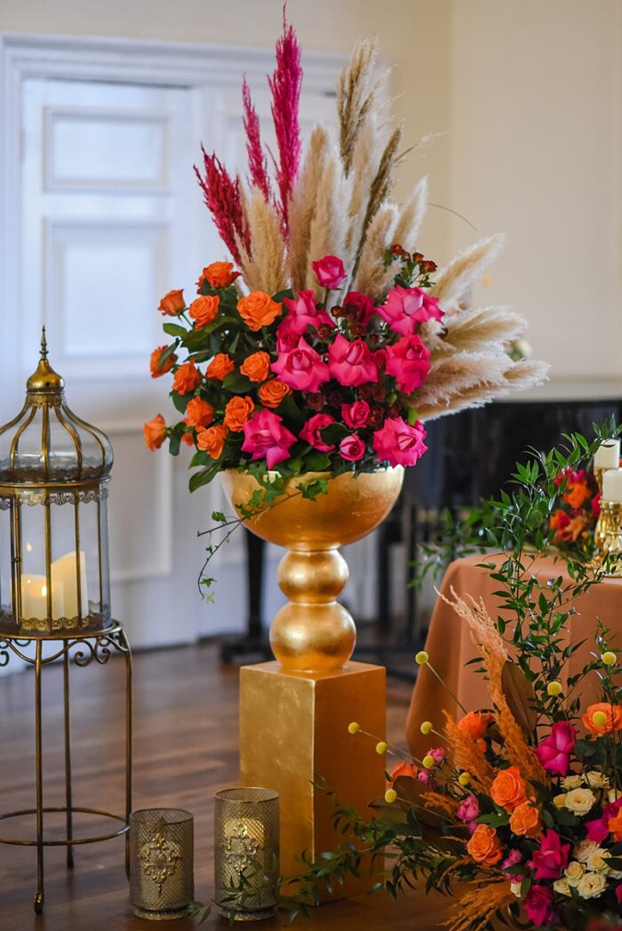 pink and orange roses with pampas grass wedding flowers