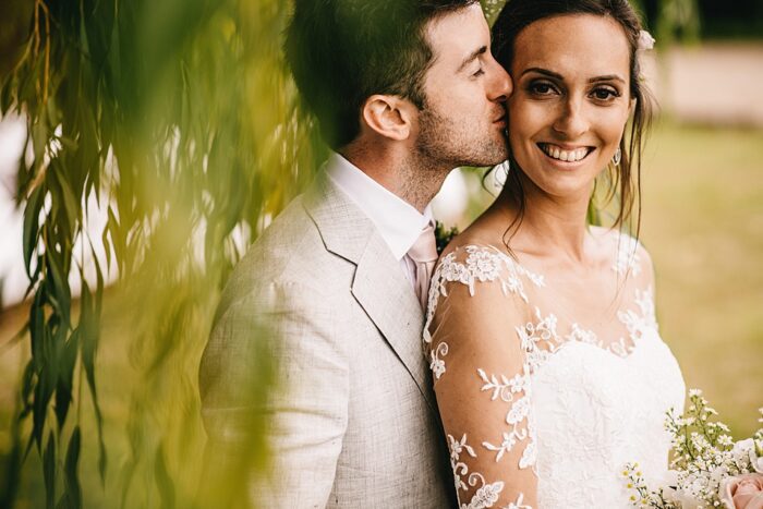 Floating lace detail on made to order wedding dress