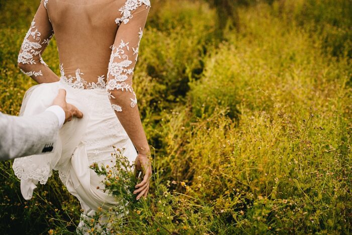 Illusion tulle custom wedding gown with ivory lace