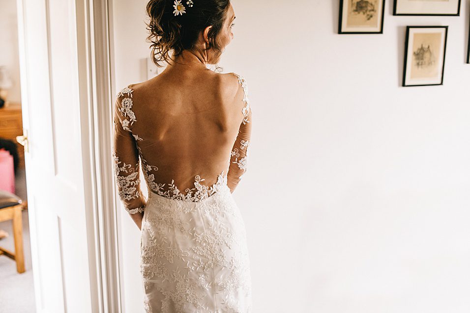 Illusion back detail on Helen's dress