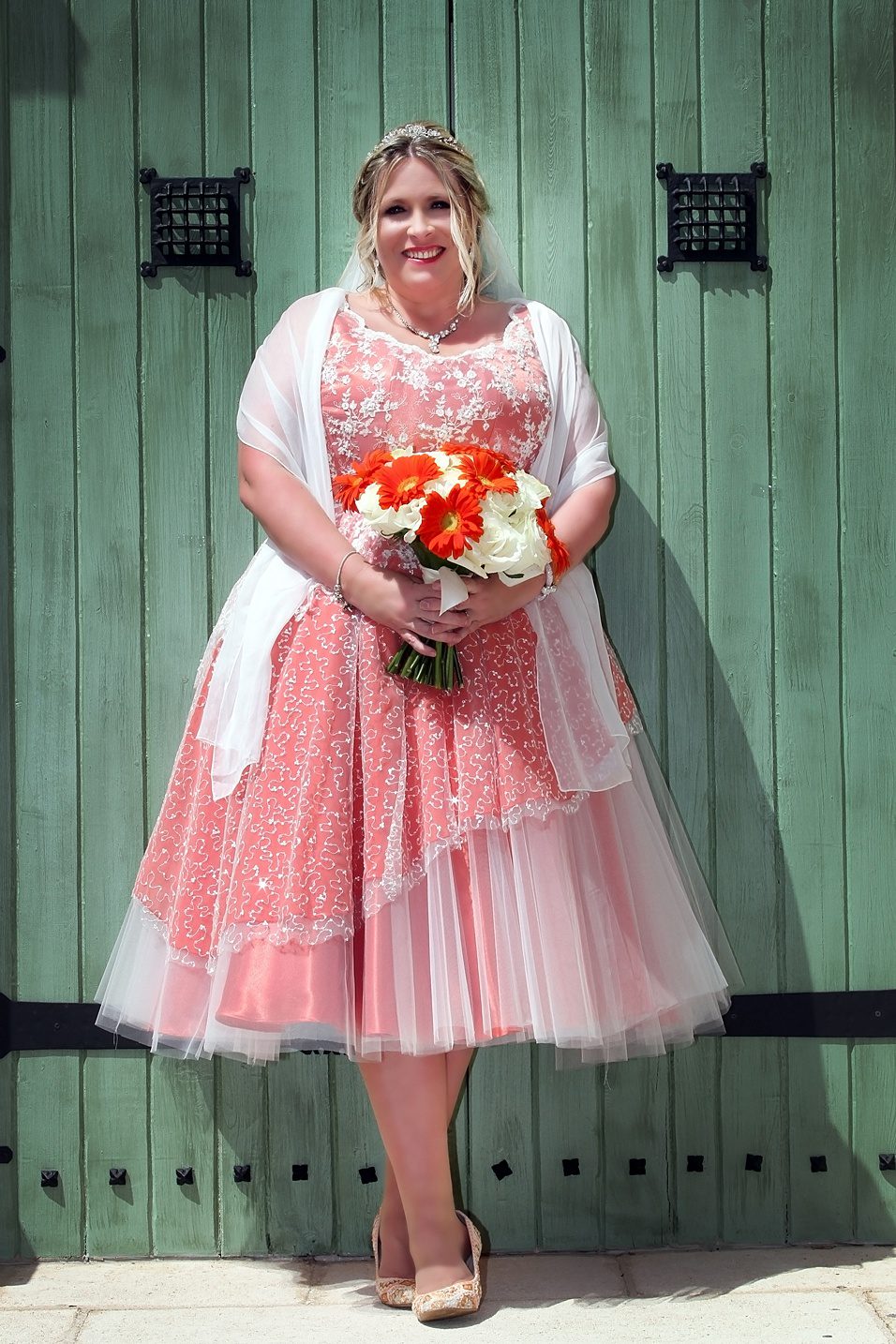 1950's tea length wedding dress orange satin and lace bespoke