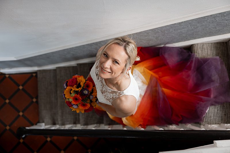 sunset yellow orange red purple gradient wedding dress