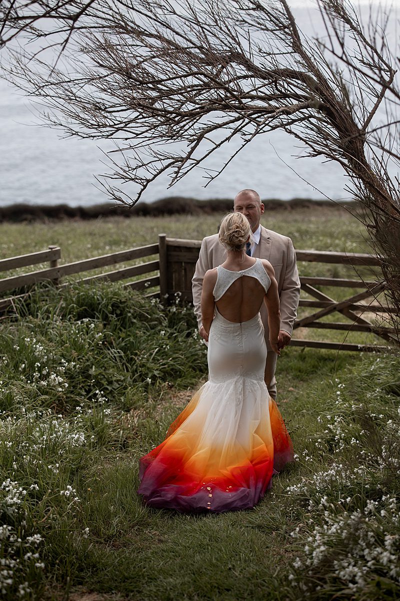 countryside wedding bride in backless phoenix ombre wedding dress
