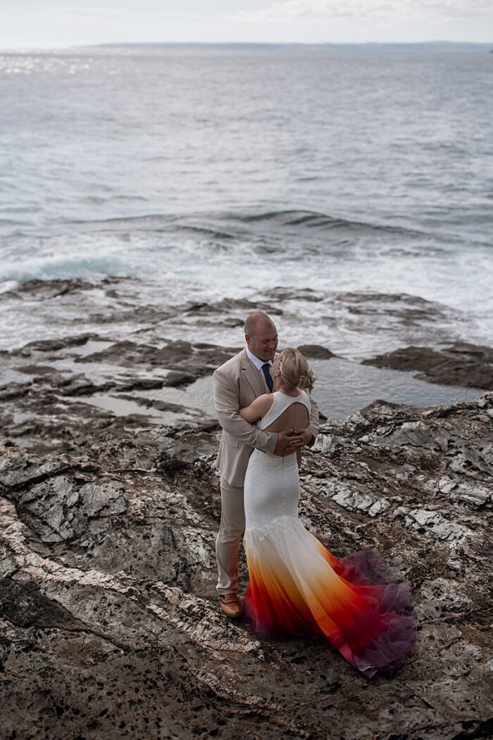 british beach wedding bride in couture sunset ombre wedding dress