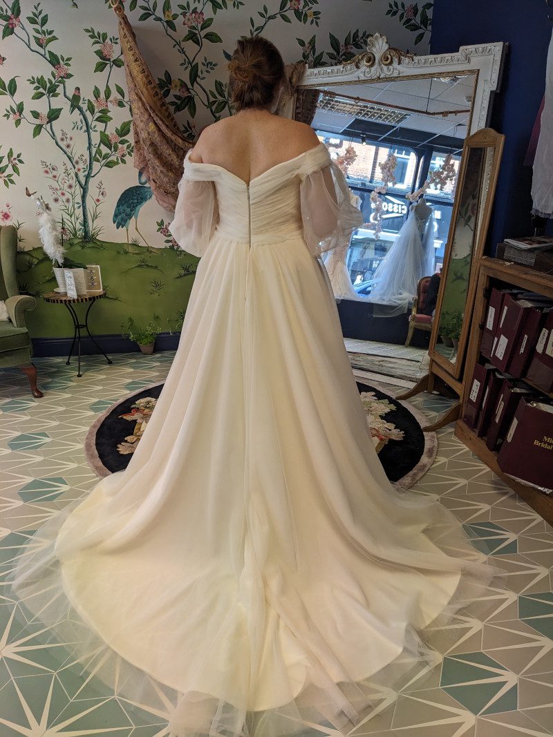 full floor length custom bespoke wedding dress off shoulder balloon sleeves surrey