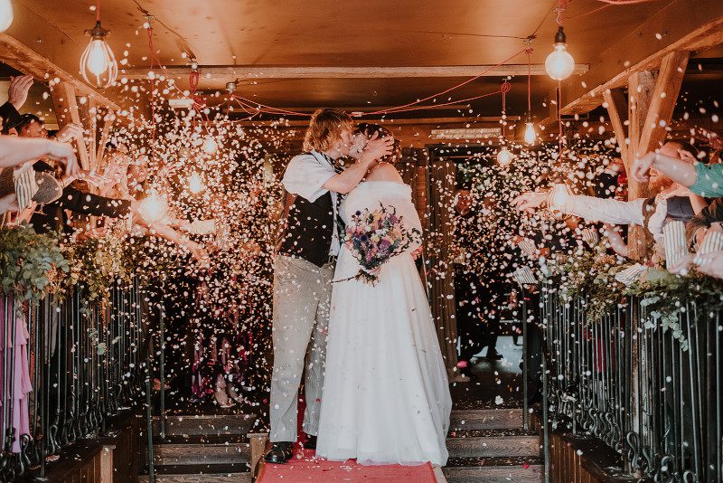 country barn wedding boho blush floor length wedding dress rustic confetti