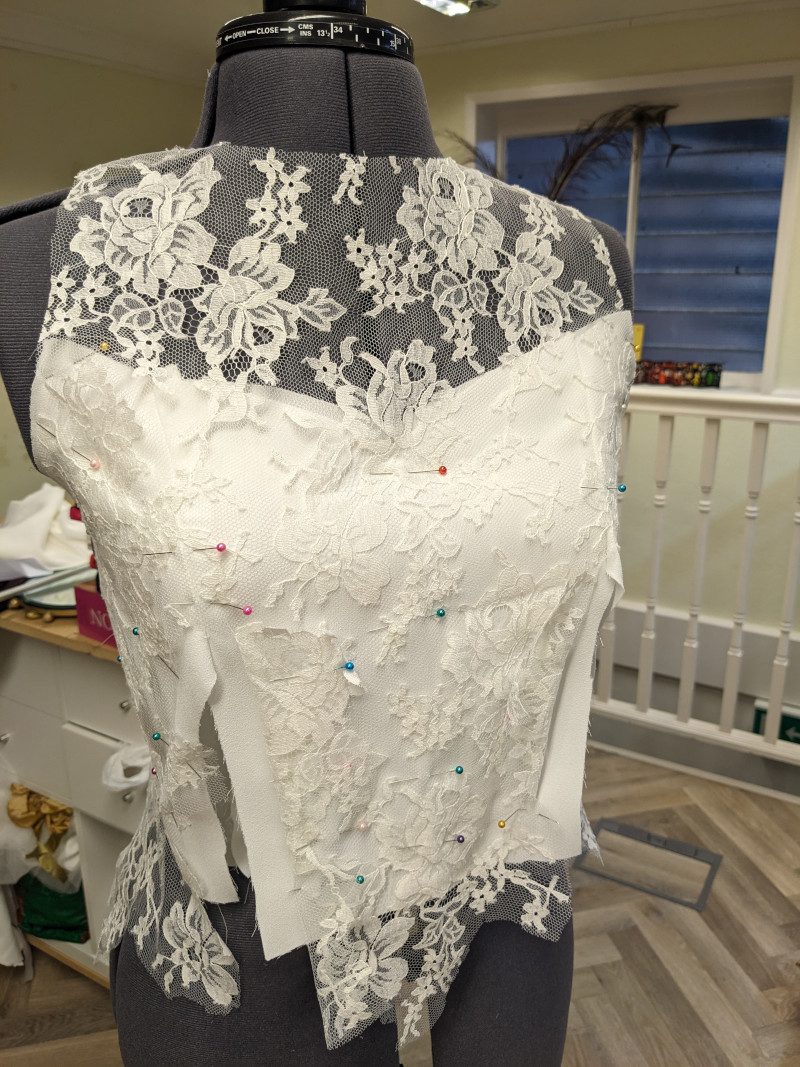 overlaying chantilly lace onto a boned wedding dress bodice