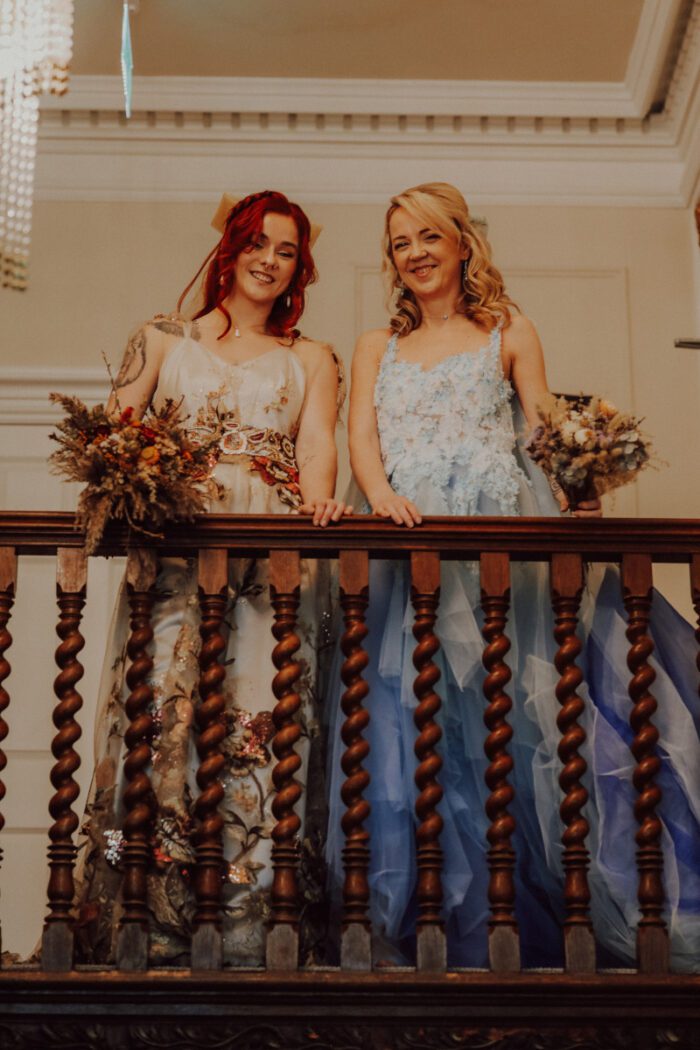 alternative wedding dress surrey two brides colourful blue floral unusual boho