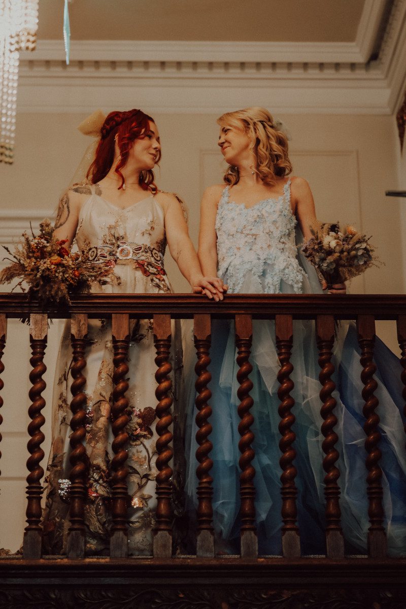 same sex alt full length dramatic boho colourful wedding dress jumpsuit surrey uk dried flower bouquet