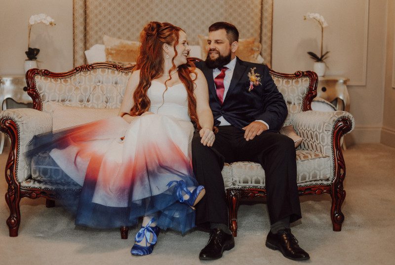 bright dip dye wedding skirt 1950 50s inspired blue ribbon shoes manor wedding uk surrey bespoke look