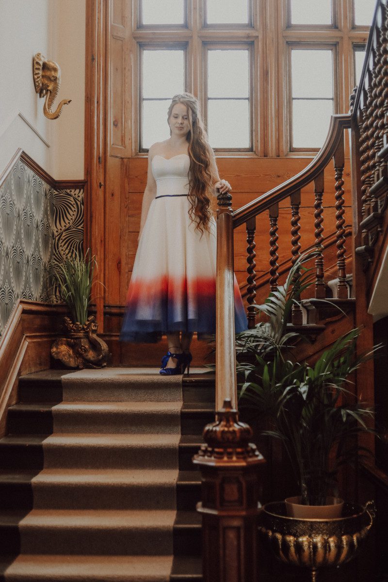 pink blue ombre dip dye gradient wedding dress overskirt tea length junglecore bride manor house