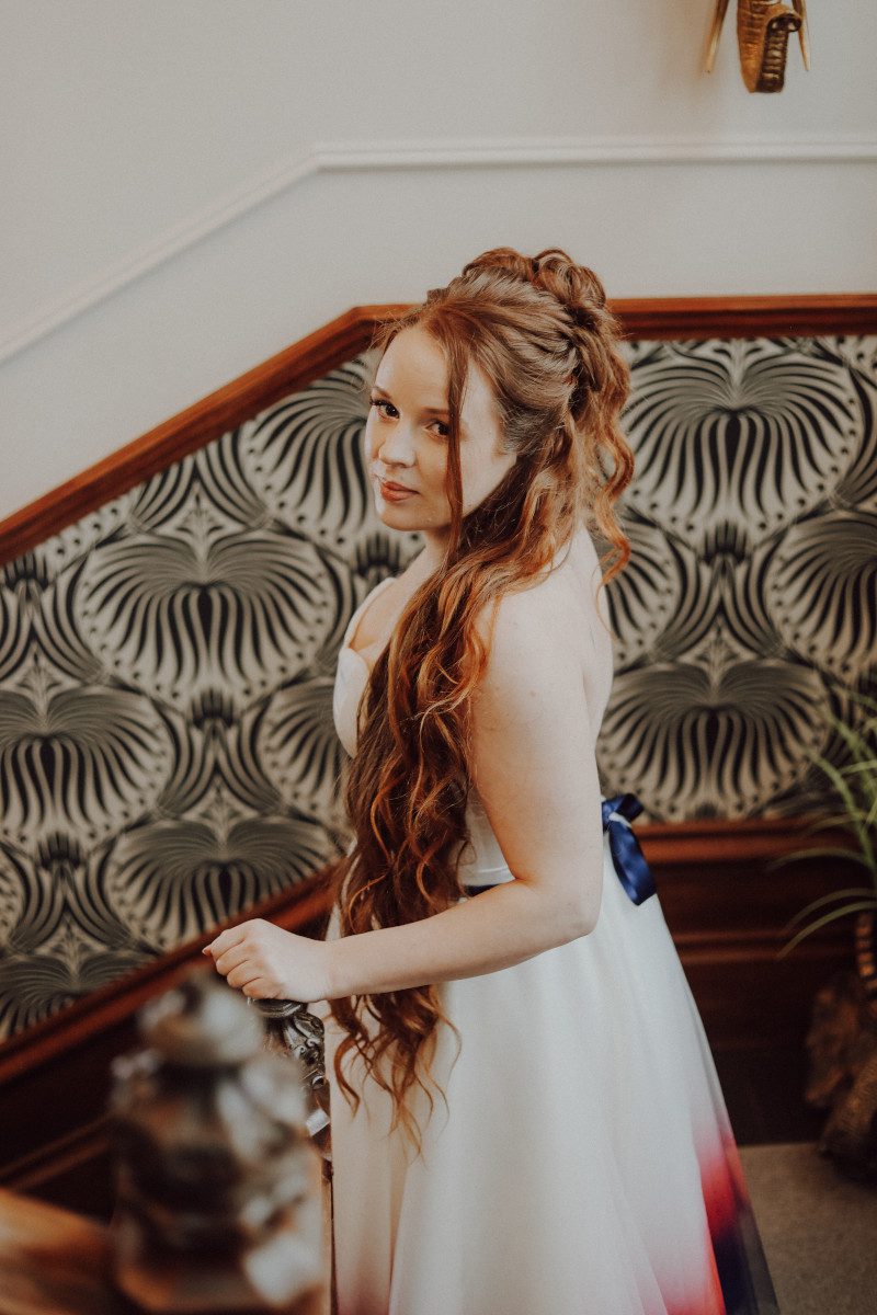 boho retro quirky alternative pretty bride wedding sweetheart neckline custom dress Rapunzel long hair