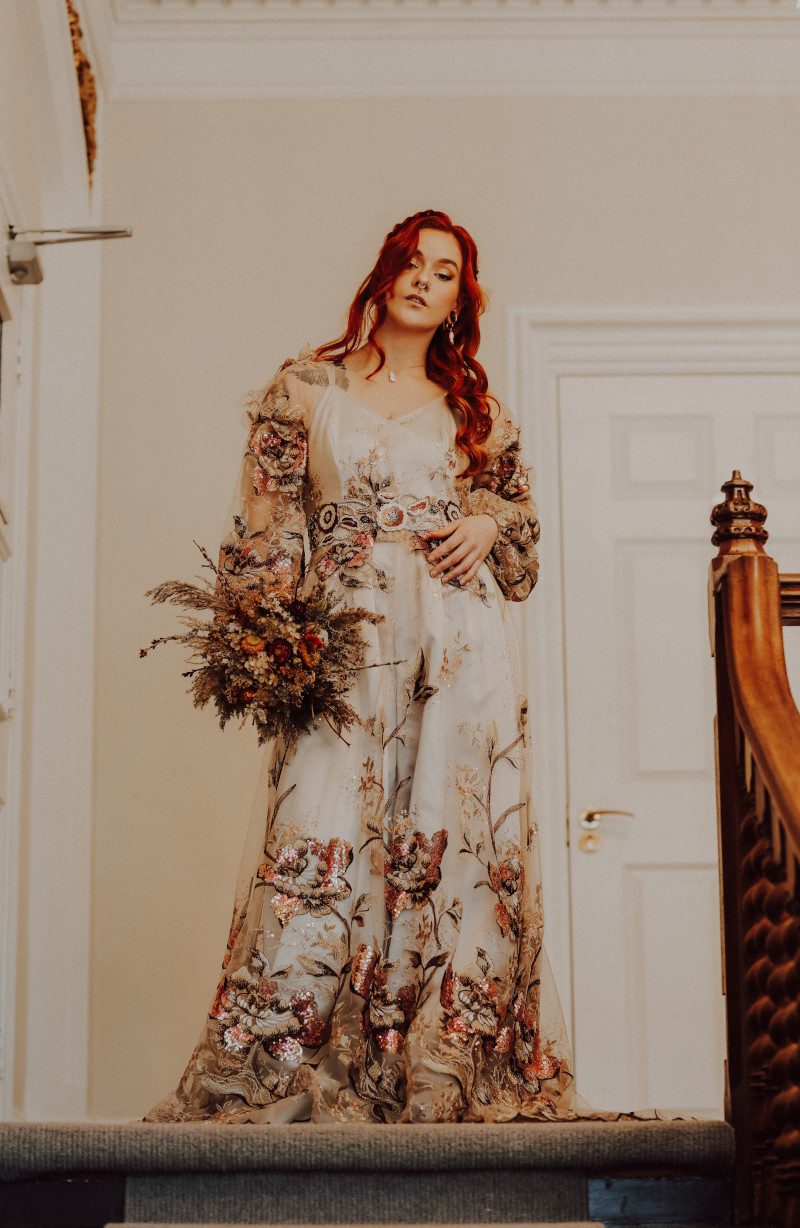 wedding embroidered floral pink mushroom brown jumpsuit beautiful balloon sleeve