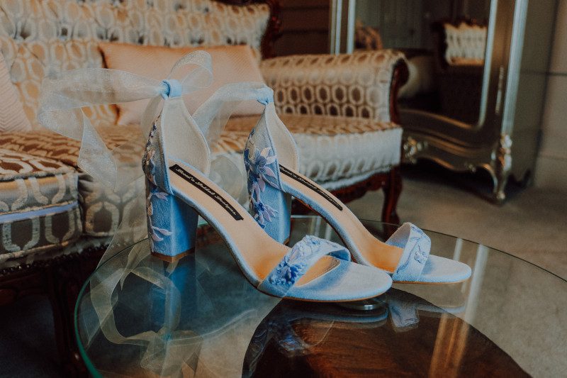 blue wedding high heel shoes ribbon ties embroidered