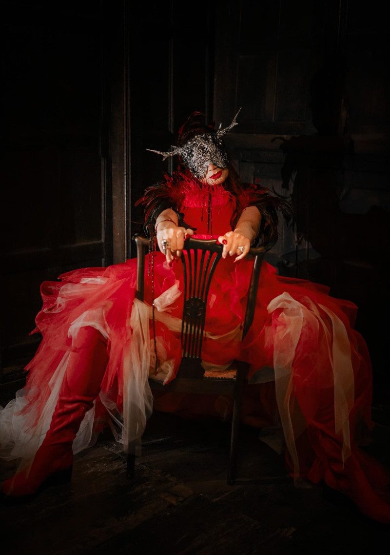 gothic mask wedding dress mature bride hysteria machine fantasy pagan layers of red tulle
