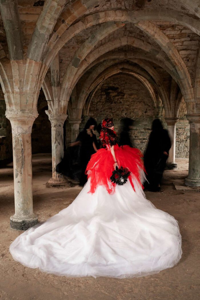 eye wide shut wedding inspo masks masquerade dramatic long train dress tulle