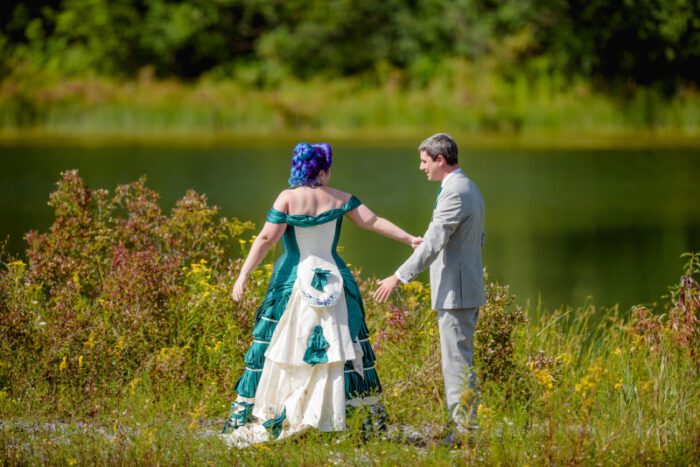 silk dupion blue green wedding dress bustle train purple hair outdoor