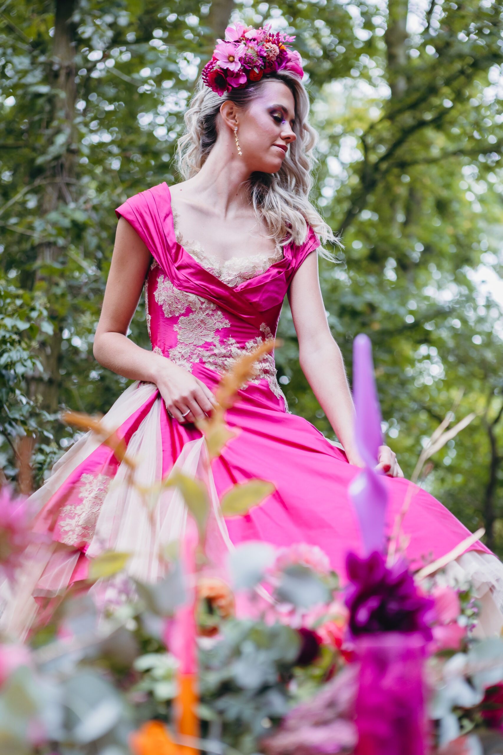 bright cerise fuchsia pink vintage gold lace chiffon tulle satin silk wedding dress